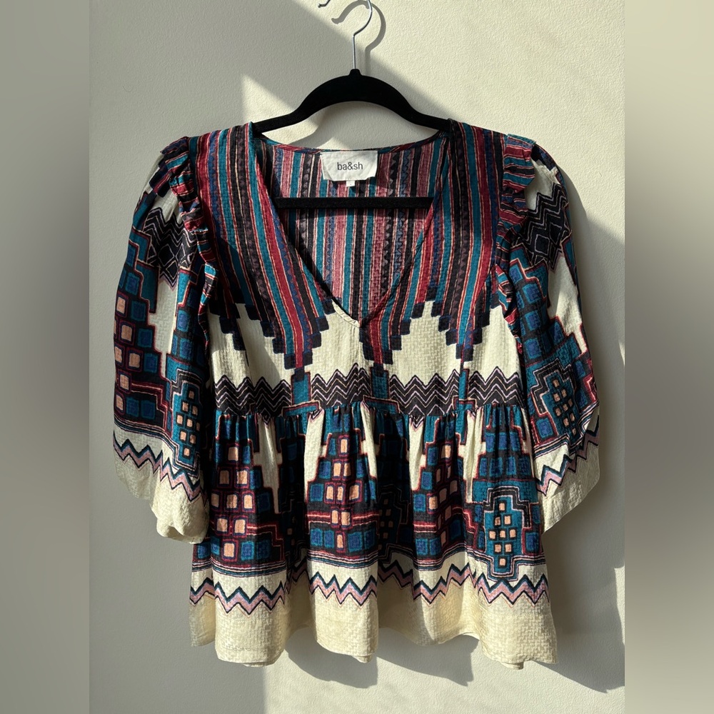 ba&sh Boho Geometric Print Peasant Blouse V-Neck Puff Sleeve Top- Size 2
